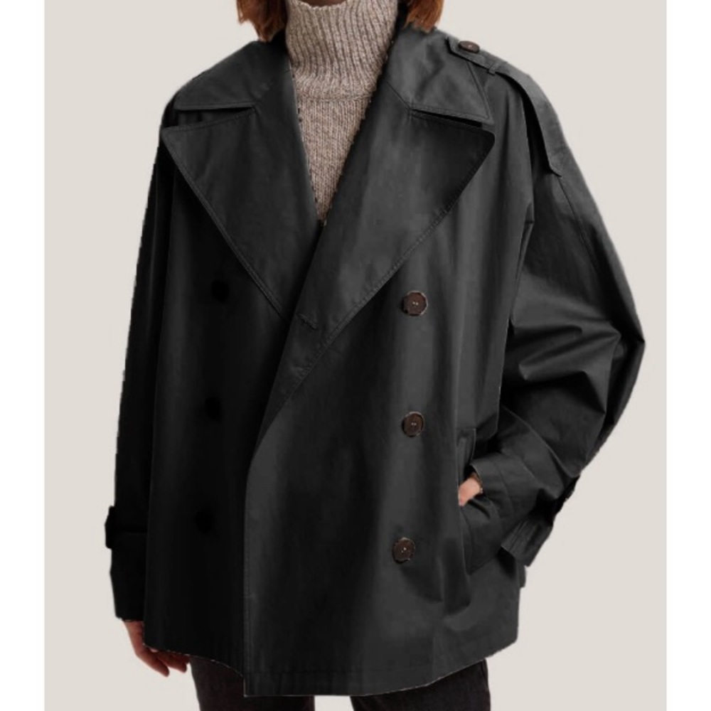Gentle Herd Double-Breasted Short 100% Cotton Trench Coat Black Small